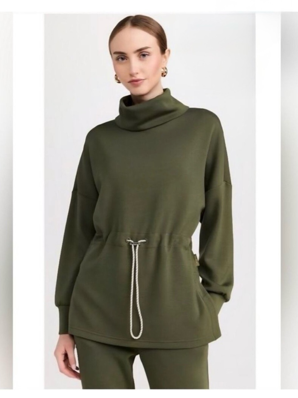 Varley Olive Green DoubleSoft Freya Cowl Neck Drawstring Sweatshirt